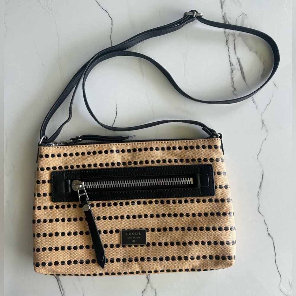 FOSSIL Dawson Fabric Crossbody light tan and black polka dot bohemian